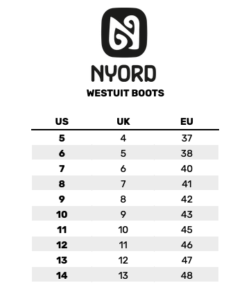 2026 Nyord Wetsuit Boots 0 Matentabel